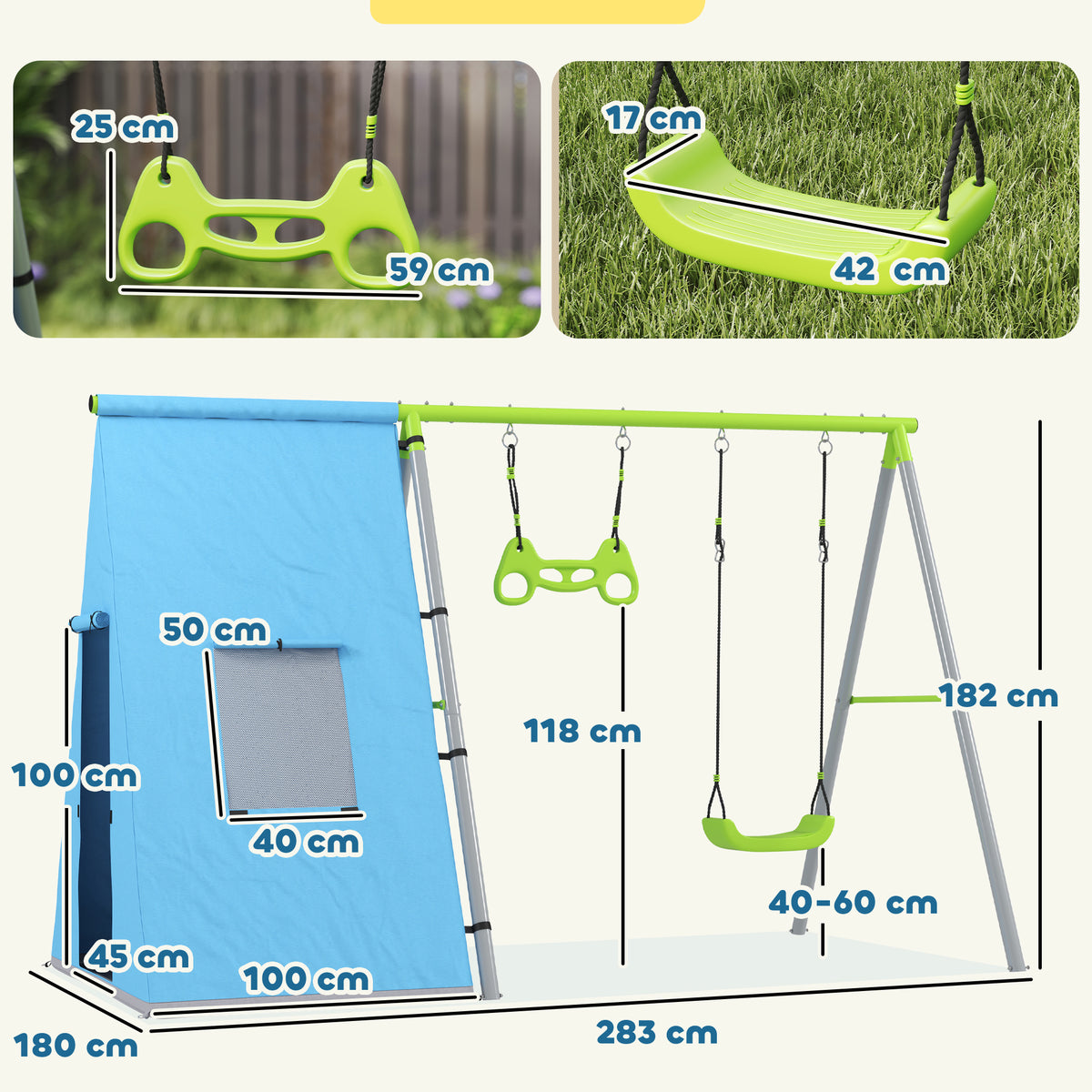 3-in-1 Schaukelset, Spielzelt, Schaukel, Turnringe, Metall, Kunststoff, Grün