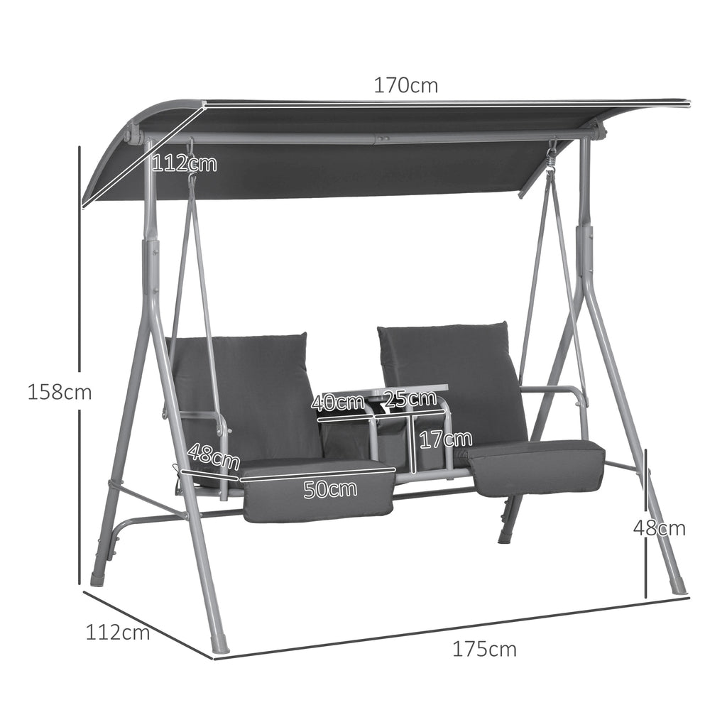 Hollywoodschaukel, 2-Sitzer, mit Dach und Tisch, Metallrahmen, bis 180 kg, 175x110x165 cm, Schwarz