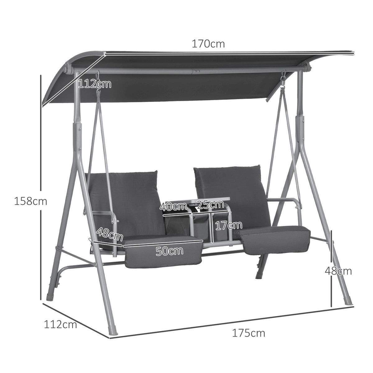 Hollywoodschaukel, 2-Sitzer, mit Dach und Tisch, Metallrahmen, bis 180 kg, 175x110x165 cm, Schwarz