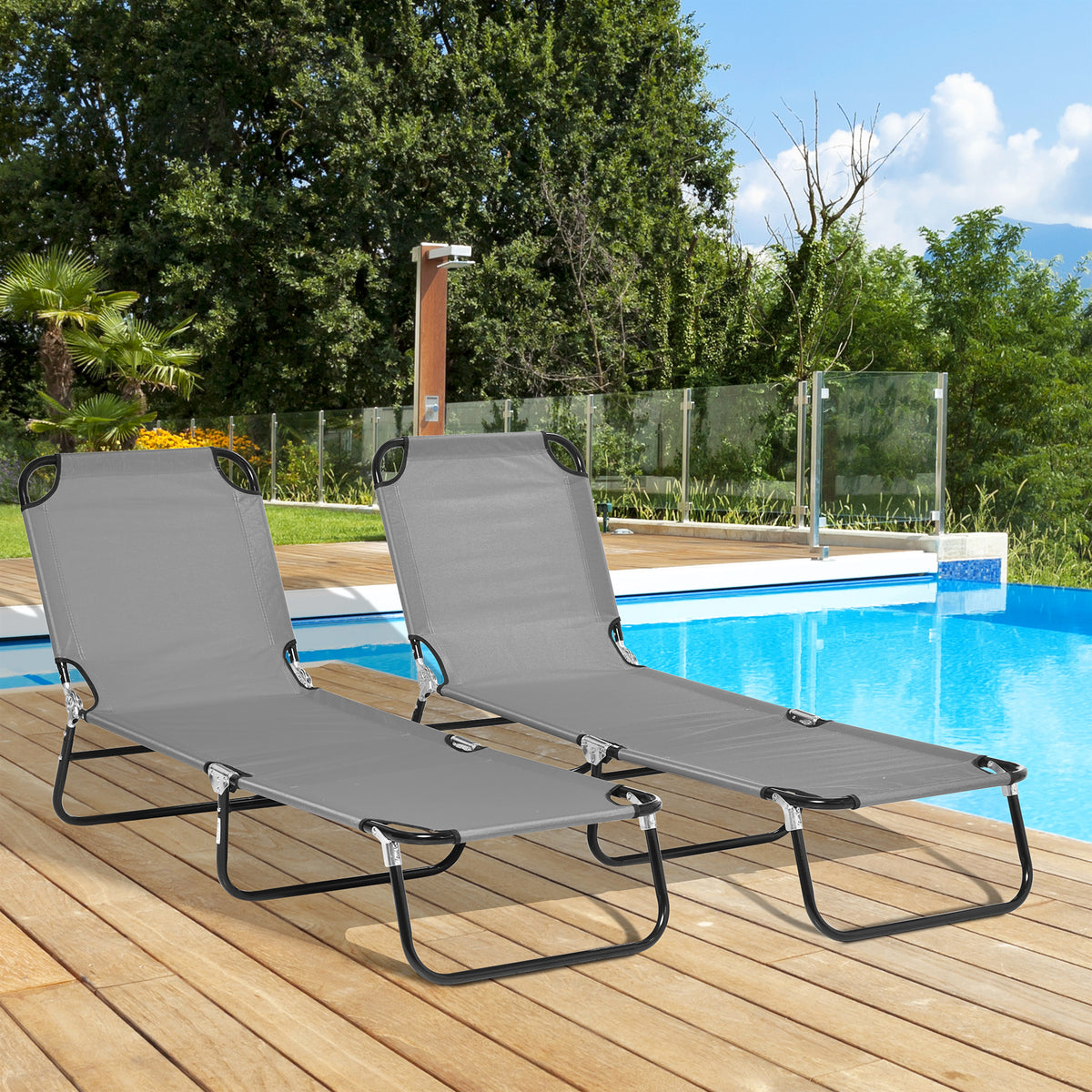 Folding Sun Loungers Set of 2, Outdoor Day Bed with 5-Position Adjustable Backrest, Portable Recliner Garden Chairs with Breathable Mesh for Beach, Patio, Dark Grey