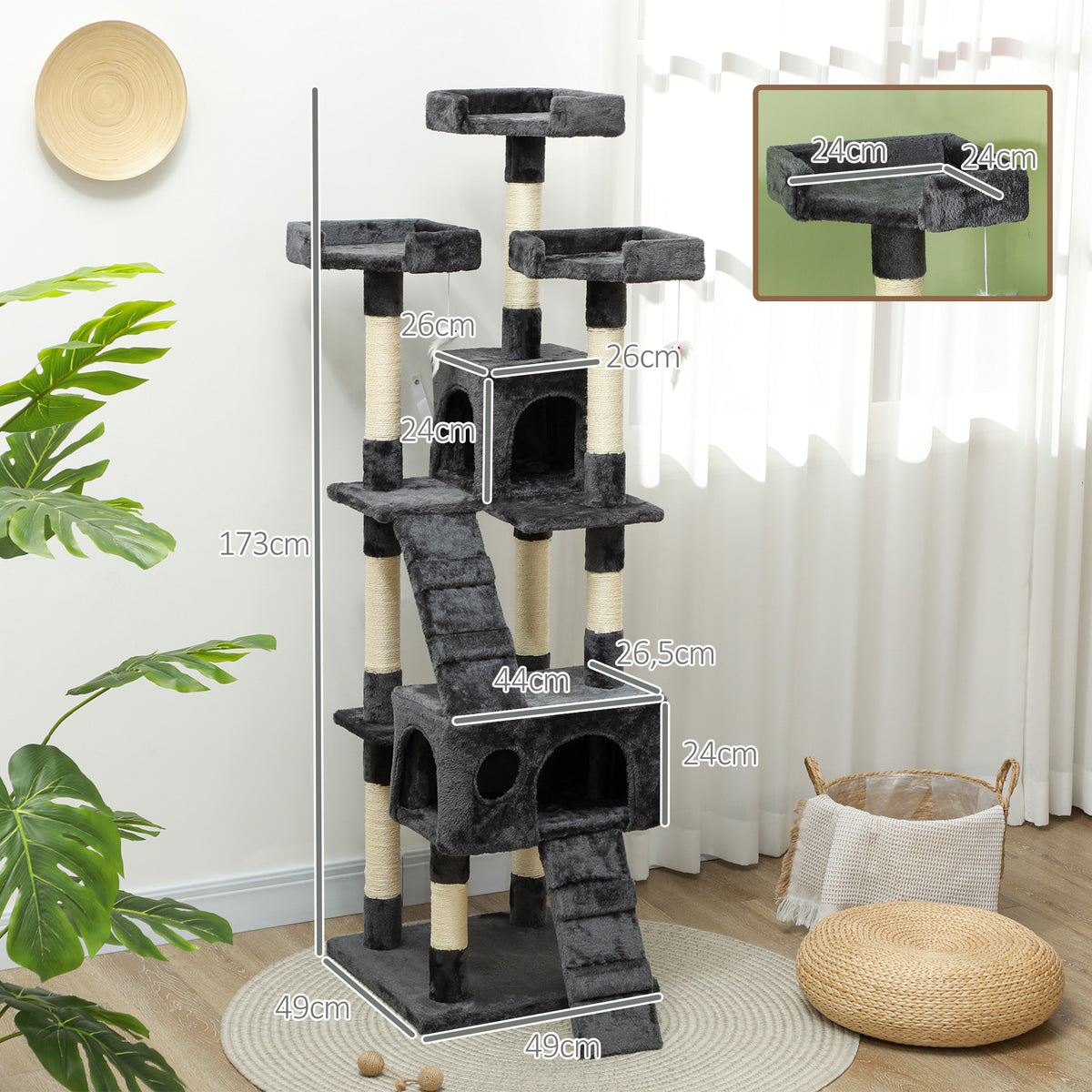173cm Cat Tree Scratching House, Activity Play Centre, Grey