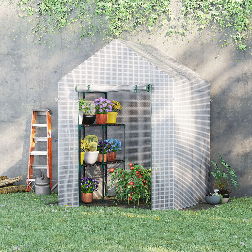  Walk In Greenhouse with 2 Tier Shelf, Portable Gardening Plant Grow House Tomato Greenhouse with Roll up Zip Panel Door, Reinforced PE Cover, 143 x 143 x 195cm, Green