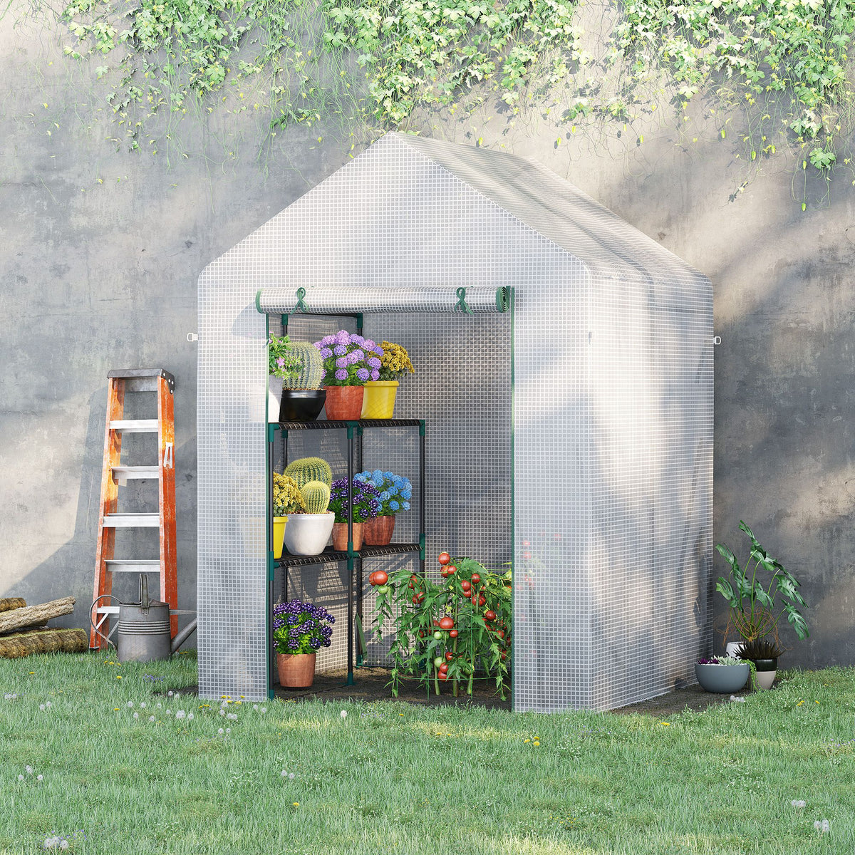  Walk In Greenhouse with 2 Tier Shelf, Portable Gardening Plant Grow House Tomato Greenhouse with Roll up Zip Panel Door, Reinforced PE Cover, 143 x 143 x 195cm, Green