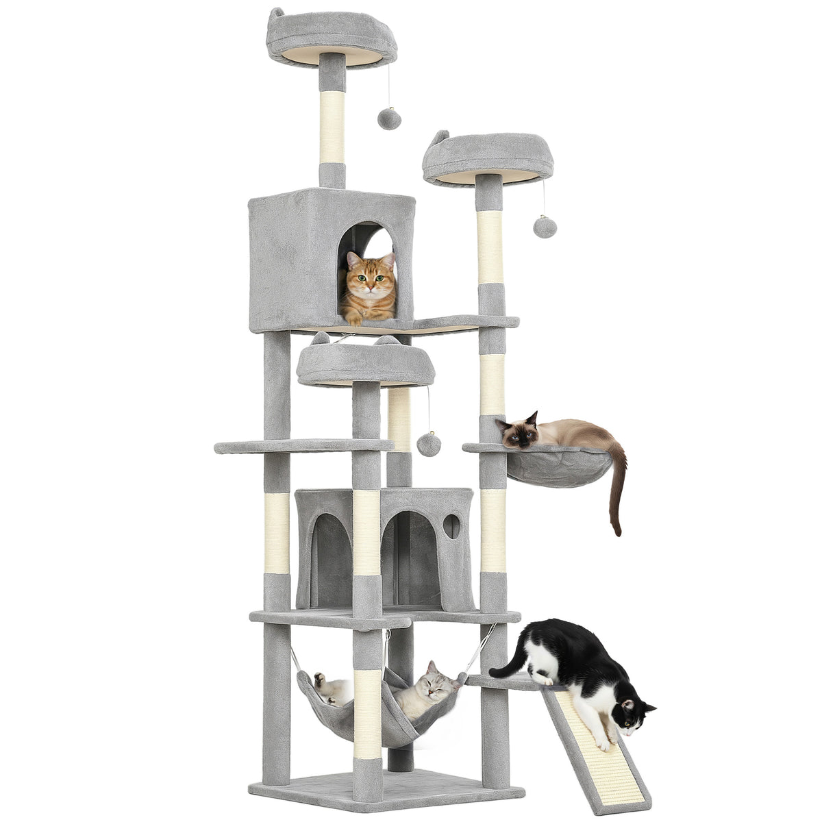 Cat Tree, 192 cm Large Multi-Level Cat Tower for Indoor Kittens with 8 Scratching Posts, 3 Plush Beds, 2 Hammocks