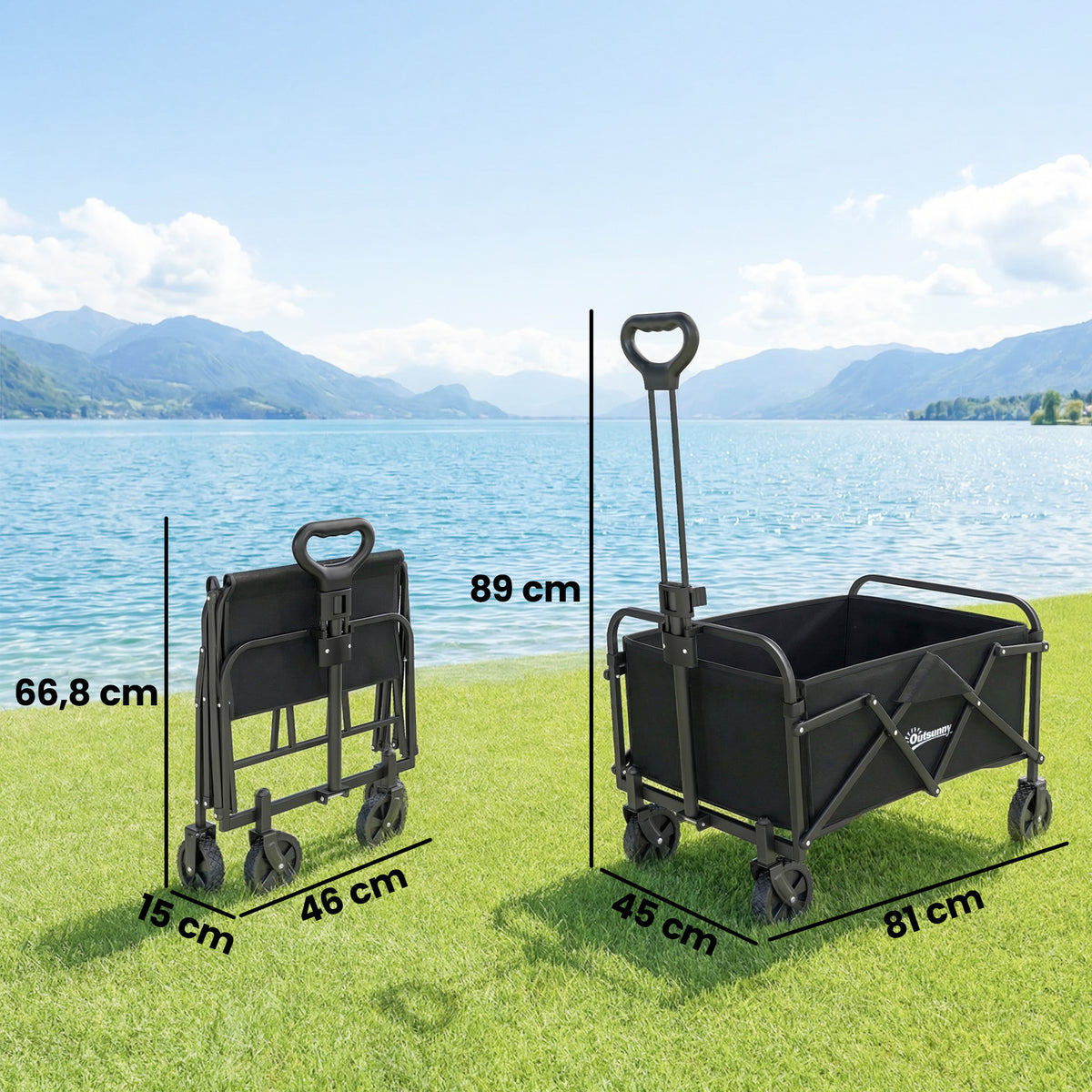 Bollerwagen Faltbarer Handwagen mit Griff Verstellbarer Griffhöhe bis 68 kg Tragkraft für Sport Einkauf Camping Schwarz
