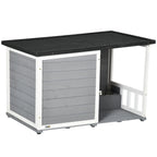  Hundehütte aus Massivholz, mit 2 Fressnäpfen, Veranda, wetterbeständig, 103 cm x 62 cm x 66 cm, Grau + Weiß