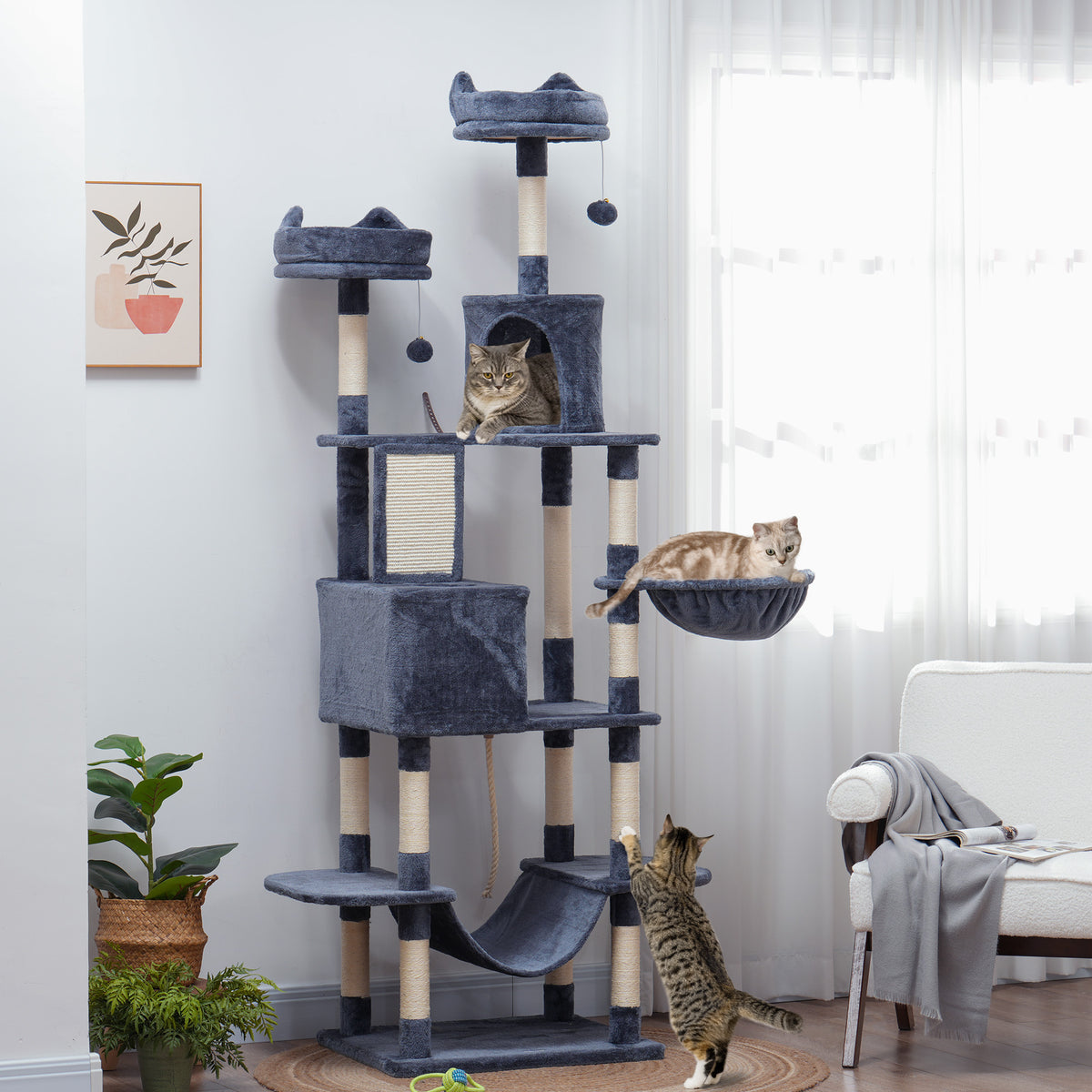 206cm Cat Tree, Multi-Level Cat Tower with Scratching Posts and Board, Beds, Condos, Platforms, Toy Balls, Dark Grey