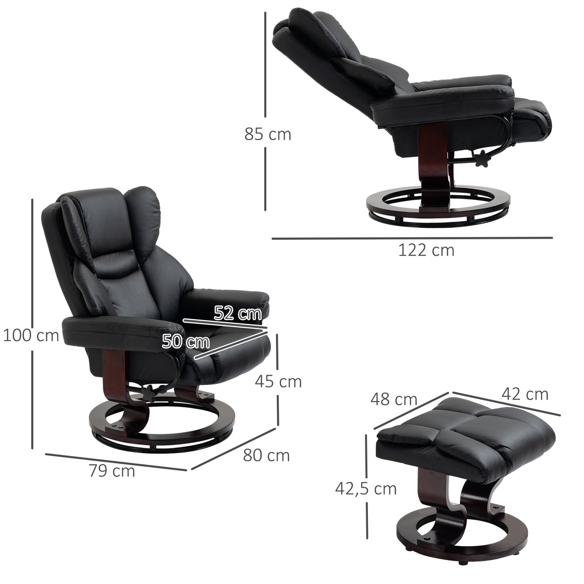 Relaxsessel mit Hocker, Liegefunktion, drehbar, bis 160 kg, Kunstleder, Metallrahmen, schwarz, 80 x 79 x 100 cm