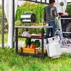 Outdoor Grill Dining Cart 3-Shelf Movable Pizza Oven Table Stand with Stainless Steel Top, Portable BBQ Trolley Food Prep Outdoor Kitchen Barbecue Station with Hooks Wheels, Charcoal Grey