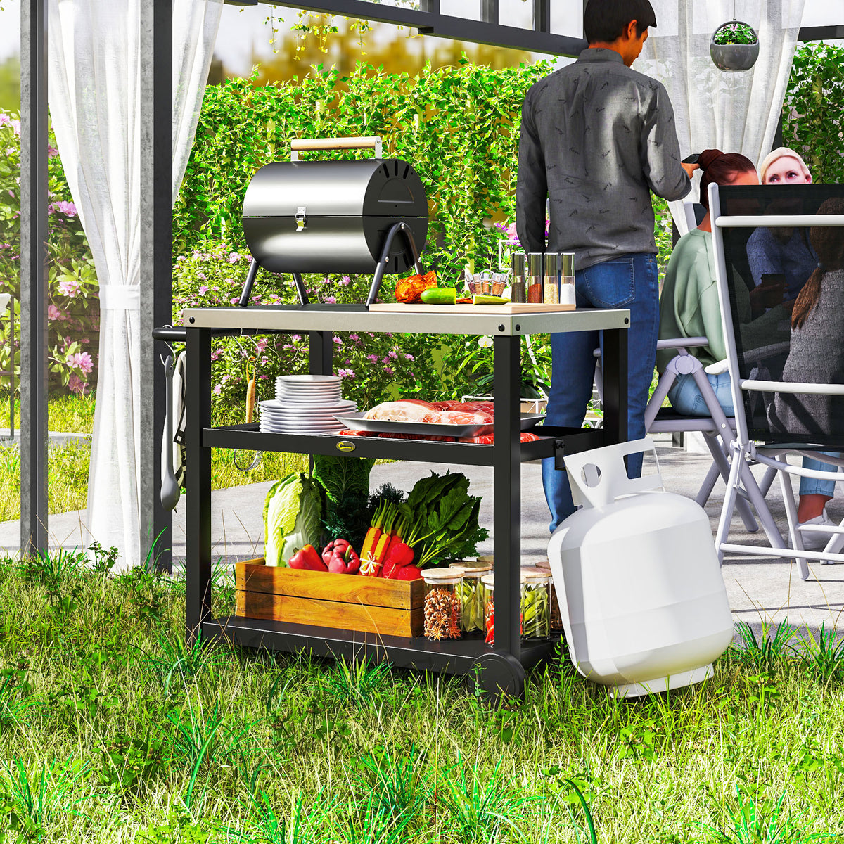 Outdoor Grill Dining Cart 3-Shelf Movable Pizza Oven Table Stand with Stainless Steel Top, Portable BBQ Trolley Food Prep Outdoor Kitchen Barbecue Station with Hooks Wheels, Charcoal Grey