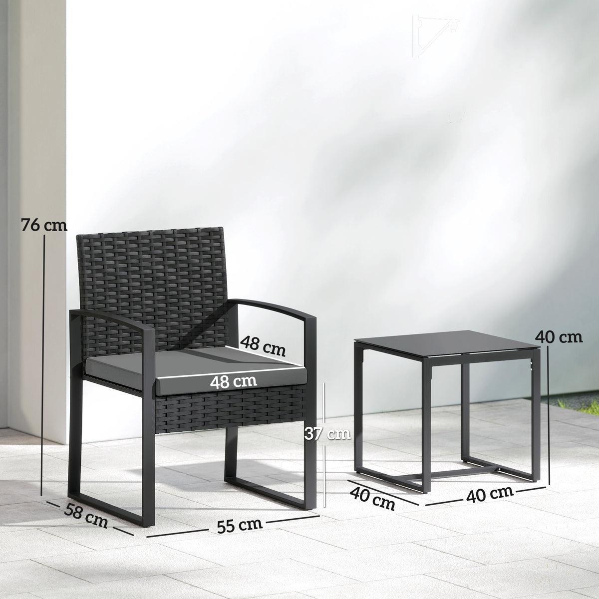 Rattan Bistroset, 3 teiliges Gartenmöbel-Set mit 2 Gartenstühlen, Couchtisch, abnehmbar Kissen Dunkelgrau