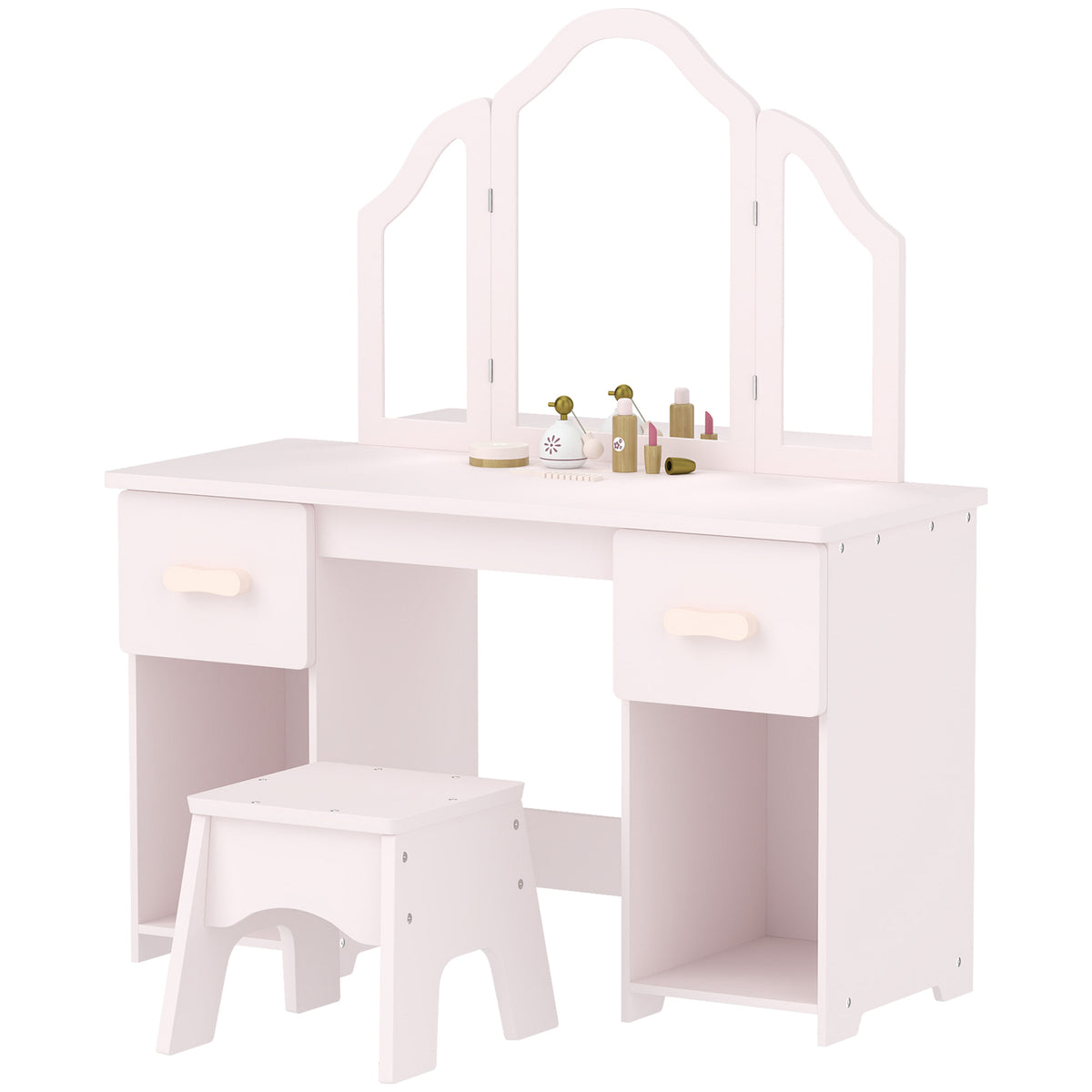 Kids Dressing Table, Kids Vanity Table and Chair Set with Tri-Folding Mirror, 2 Drawers, 2 Cabinets for Girls 3+, Pink