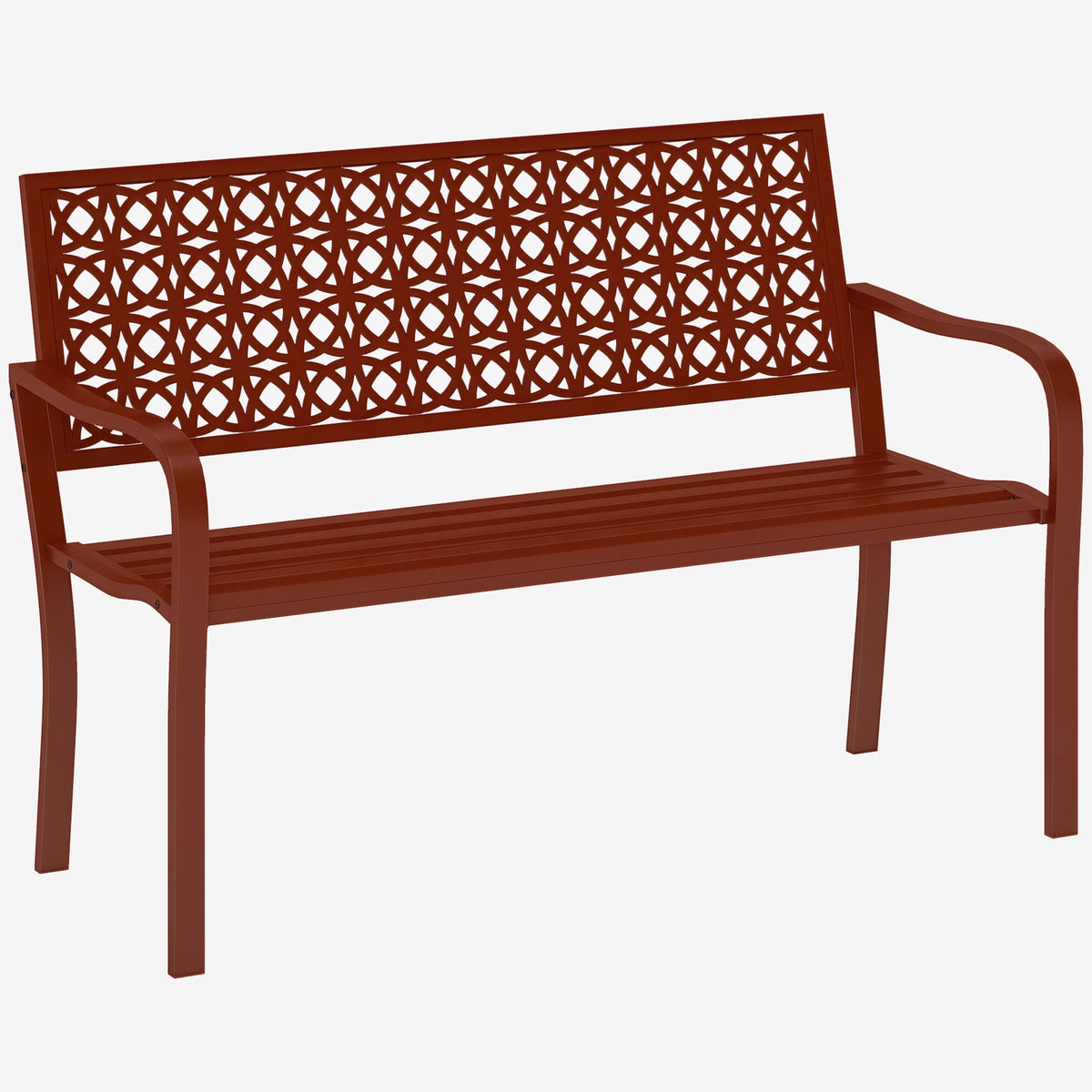 Außenbank, Gartenbank aus Stahl, Ausgeschnittene Rückenlehne, Armlehnen, für 2 Personen, Rot