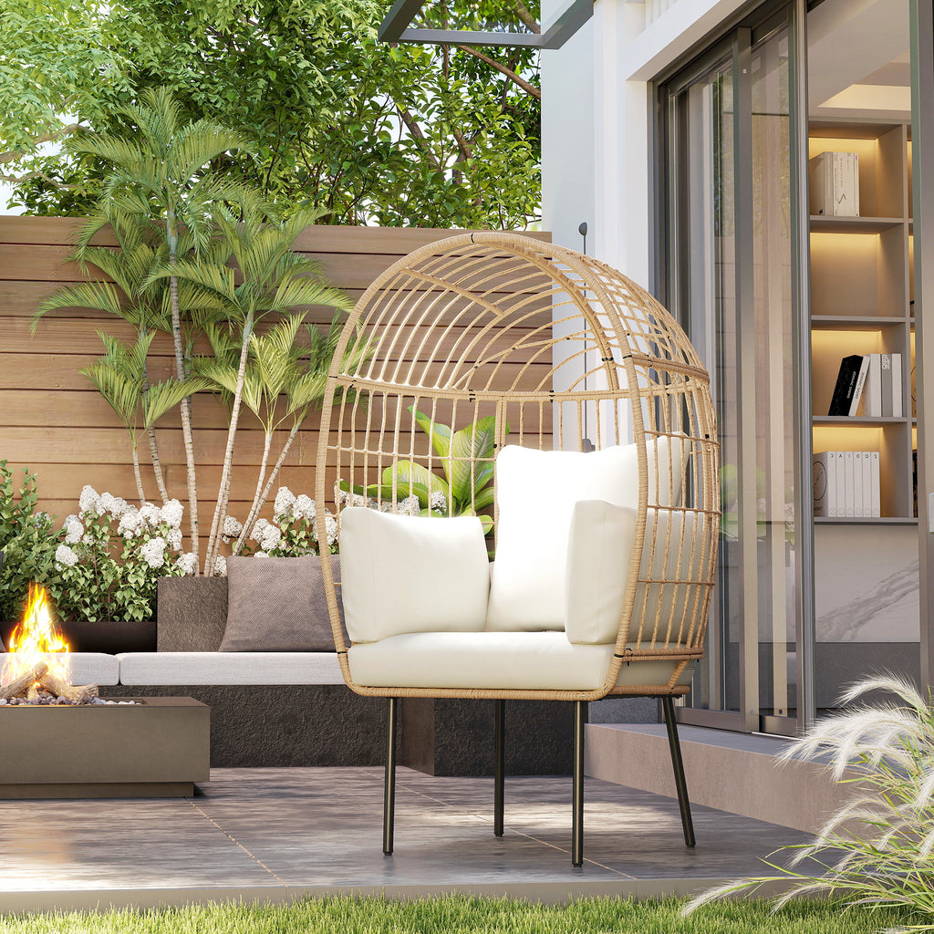 Rattansessel Ei-Förmig mit abnehmbarem Kissen, Polster, Outdoor Sessel aus Rattan 95 x 80 x 155 cm Beige