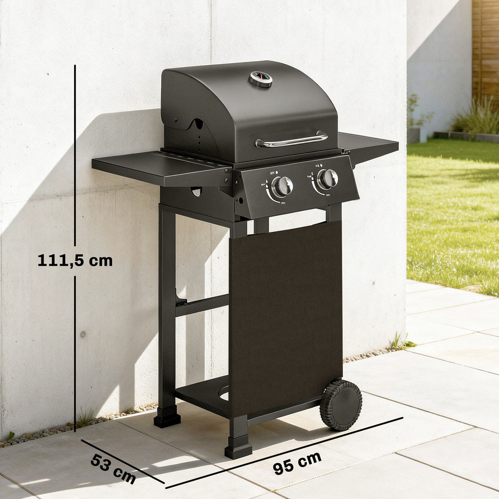 Gasgrill 5,4 KW 2 Brenner Stahl BBQ Grillwagen inkl klappbar Seitentisch Thermometer verchromter Grillrost Warmhalterost