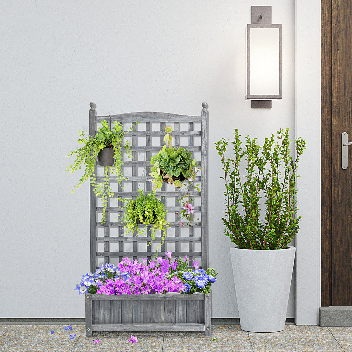 Garden Planters with Trellis for Climbing Vines, Wood Raised Beds for Garden, Flower Pot, Indoor Outdoor, Grey