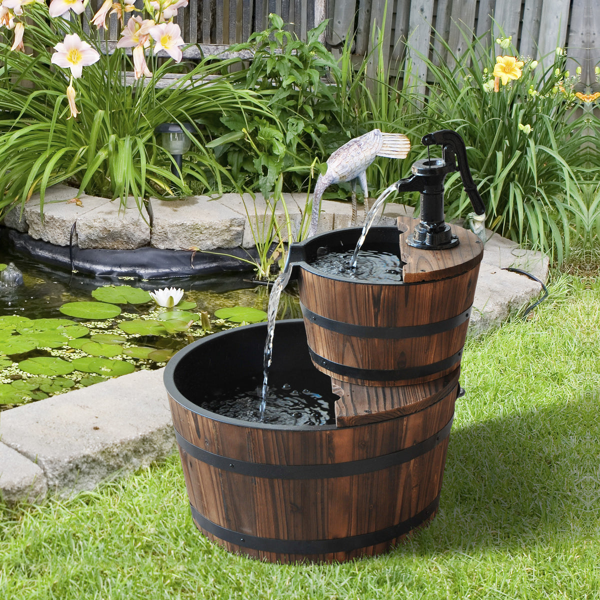 Wooden Water Pump Fountain, 2 Tier-Fir Wood