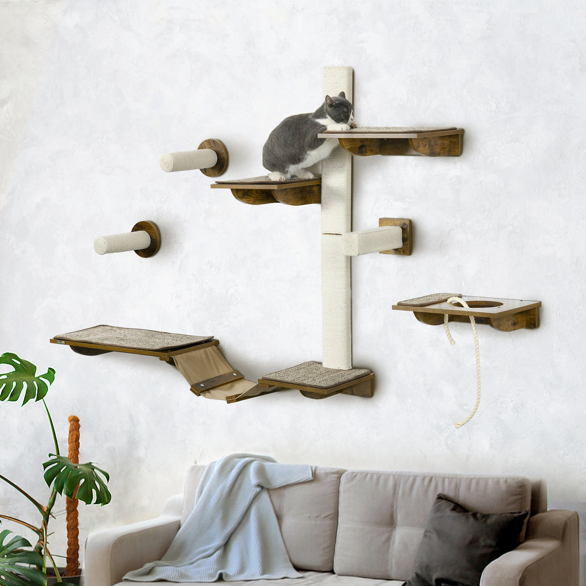 8Pcs Wall Mounted Cat Tree with Scratching Posts, Perches, Ladder, for Sleeping, Playing, Lounging - Brown