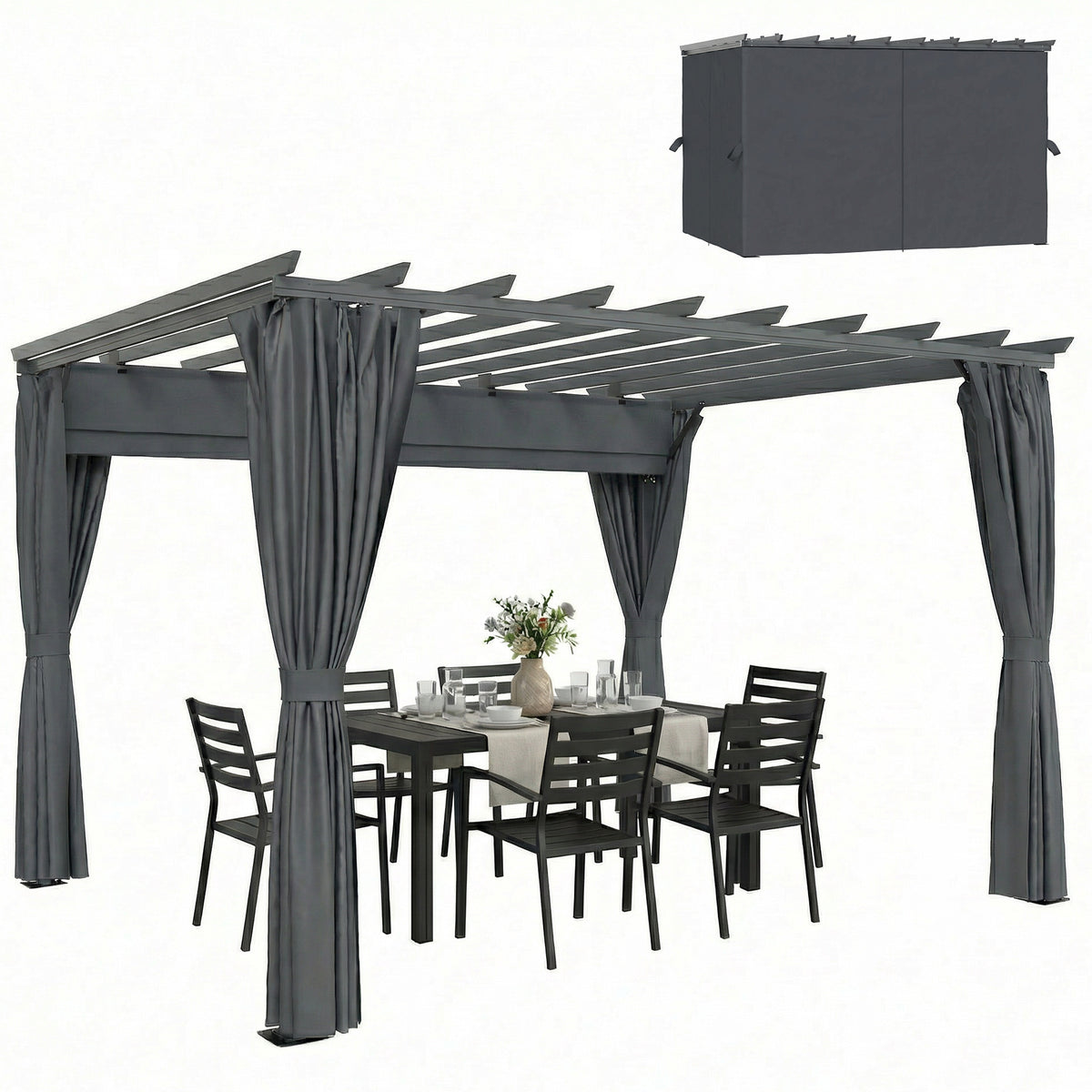 3.6 x 3 m Pergola with Retractable Roof Canopy, Curtains, Aluminium Garden Pergola Gazebo Sun Shade Shelter, Dark Grey