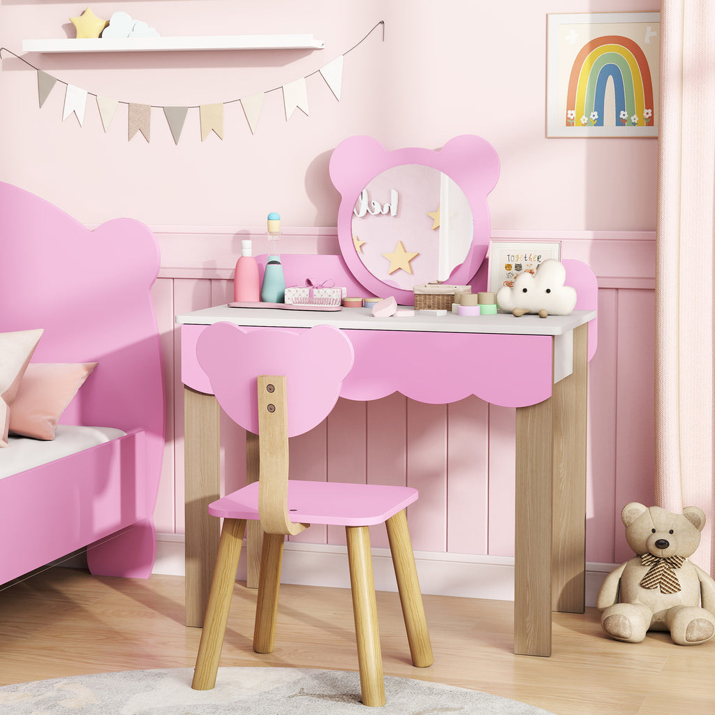 Frisiertisch-Set mit Hocker für Kinder, Schminkspiegel, Bärchenform, Schublade, MDF, Rosa
