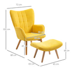 Akzentsessel mit Hocker, Relaxsessel in Cord-Optik, Armlehnstuhl mit Holzbeinen, für Wohnzimmer, Gelb