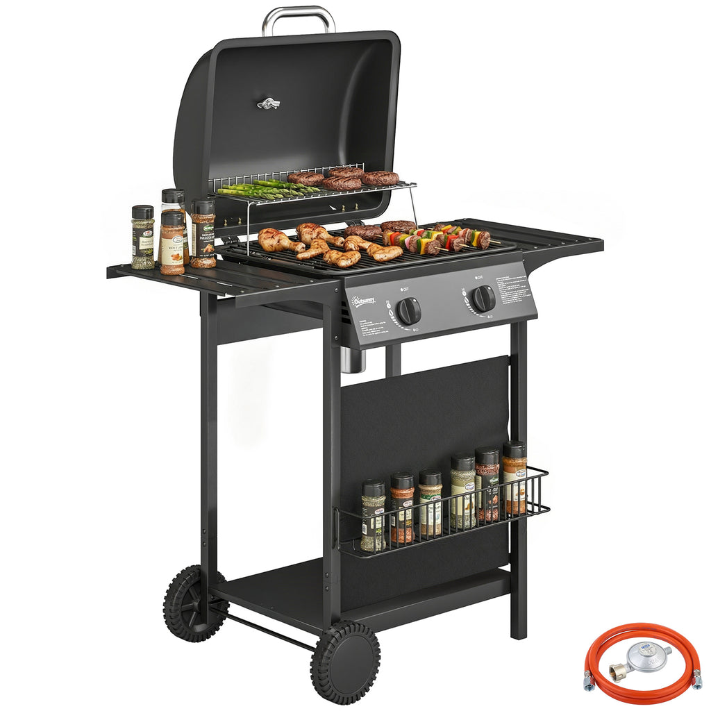 Gasgrill 5 KW 2 Brenner BBQ Grillwagen Edelstahl inkl Seitentisch Unterkorb Frontabdeckung Thermometer Emaille-Grillrost