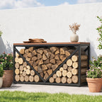 2-in-1 Kaminholzregal für innen 98 x 28 x 50 cm erhöhtes Brennholzregal mit Ablage Trennwand Beistelltisch