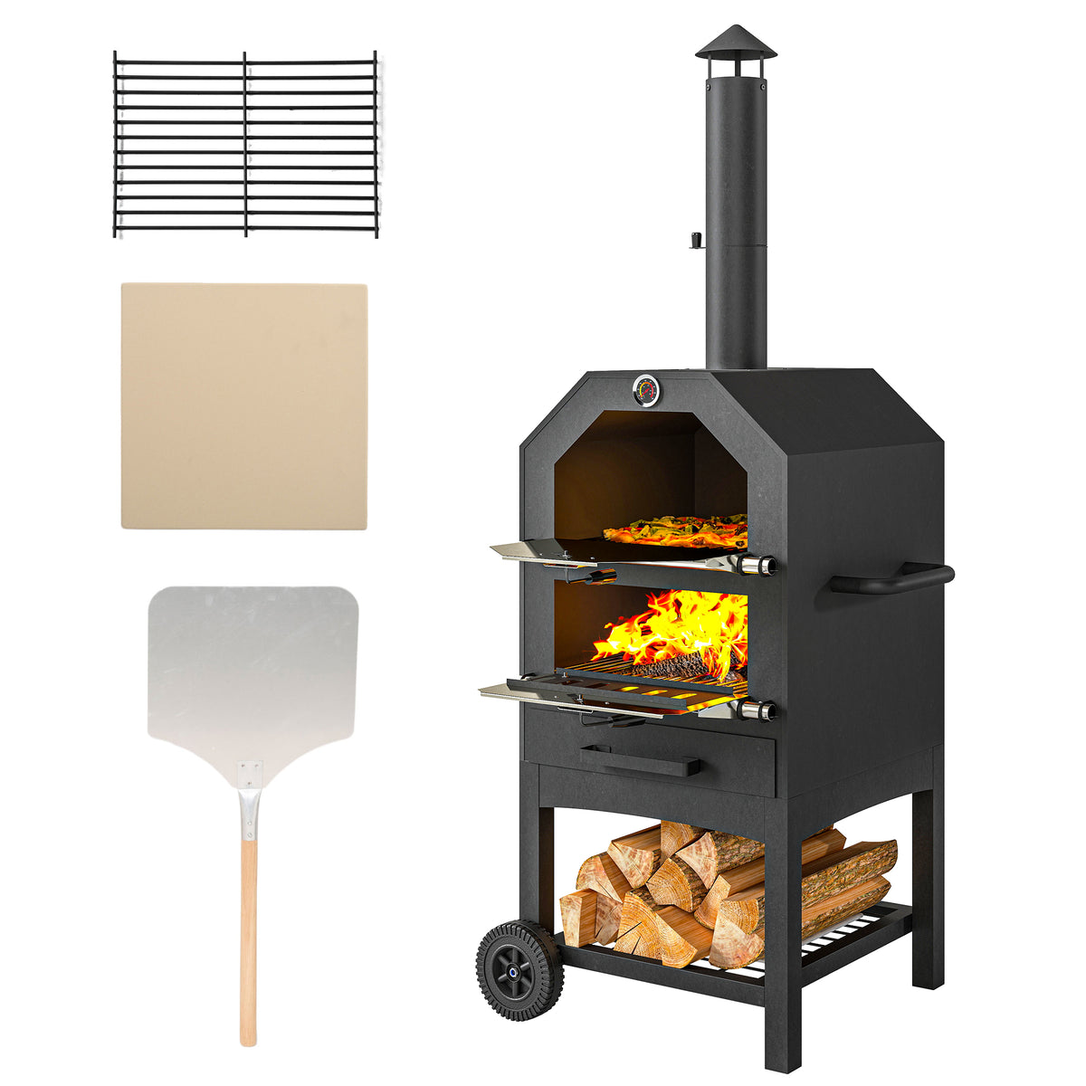 Steel 3-Tier Outdoor Pizza Oven Charcoal BBQ Grill, Black