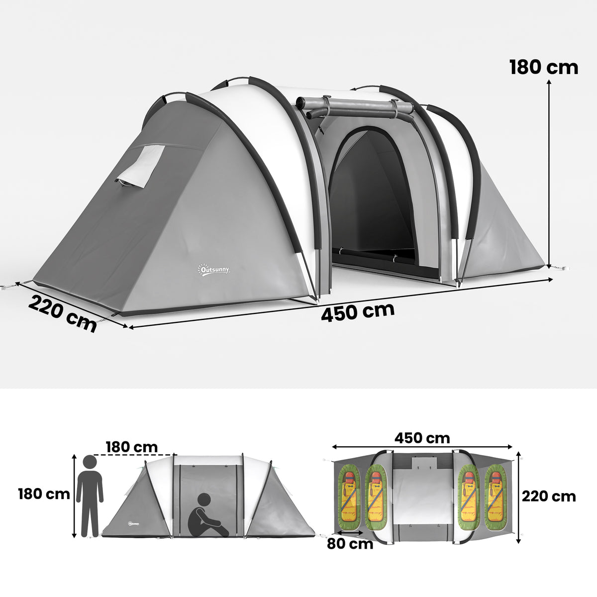 Campingzelt für 4-5 Personen leicht wasserabweisend Familienzelt mit 3 Zimmer Seitentür Fenster Grau