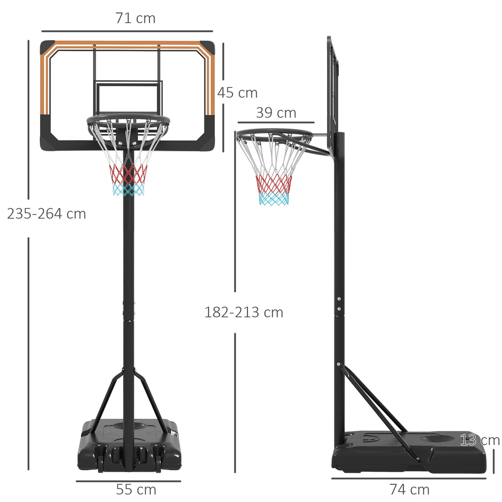 Height Adjustable Basketball Stand Net Set System, Freestanding Basketball Hoop and Stand with Wheels, 182-213cm - Black