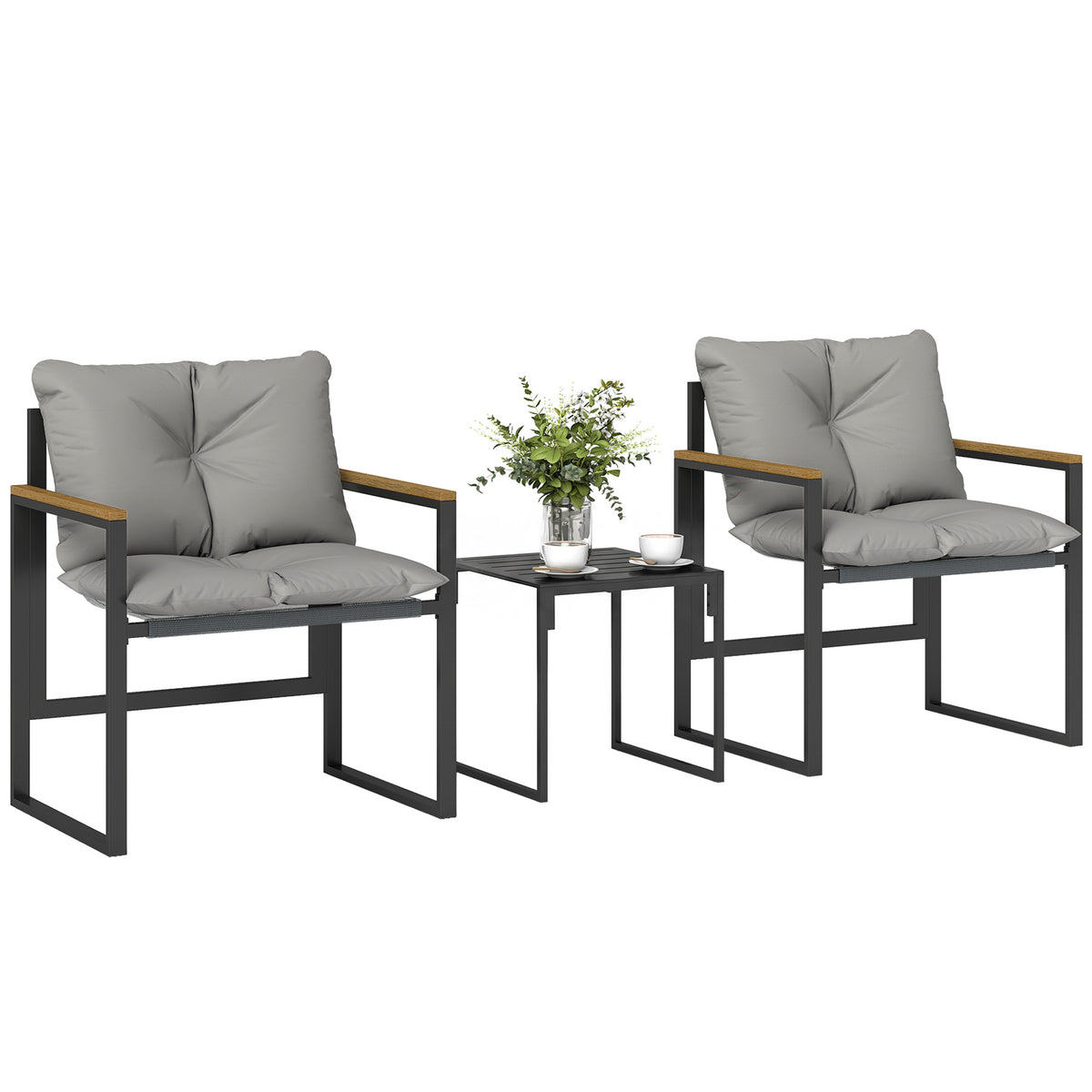 Bistro-Set für 2 Personen, 3-teiliges Garten-Bistro-Set mit Metallrahmen und dicken Polstern