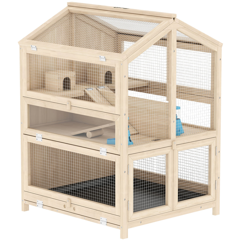 Hamsterkäfig aus Holz 3 Etagen Nagerkäfig Kleintierkäfig mit Hütten Wippen Rampen Wasserschalen 68x61,5x90 cm Naturholz