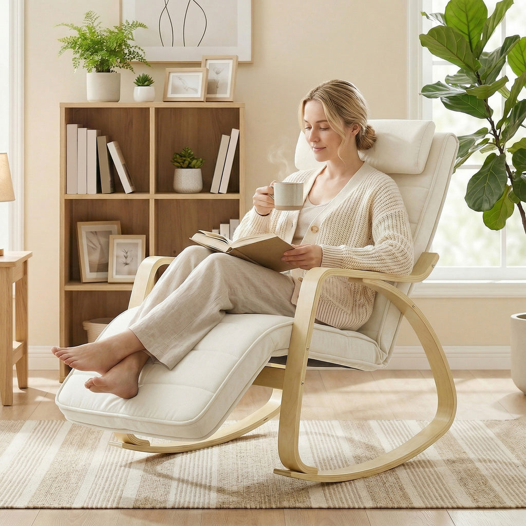 Schaukelstuhl mit Massage, Heizung, Kopfstütze & Fußstütze, Samtbezug, Relaxsessel, Cremeweiß