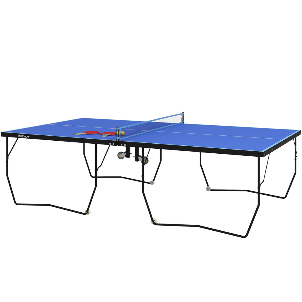 9FT Folding Tennis Table, with 8 Wheels, for Indoor Use, Blue