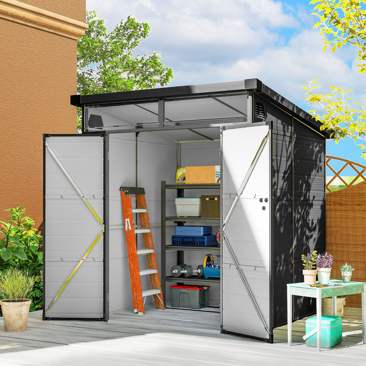 6 x 6ft Outdoor Storage Shed, Plastic Garden Shed with Windows and Air Vents, Outdoor Resin Tool Shed with Latch Doors for Garden, Deck, Dark Grey