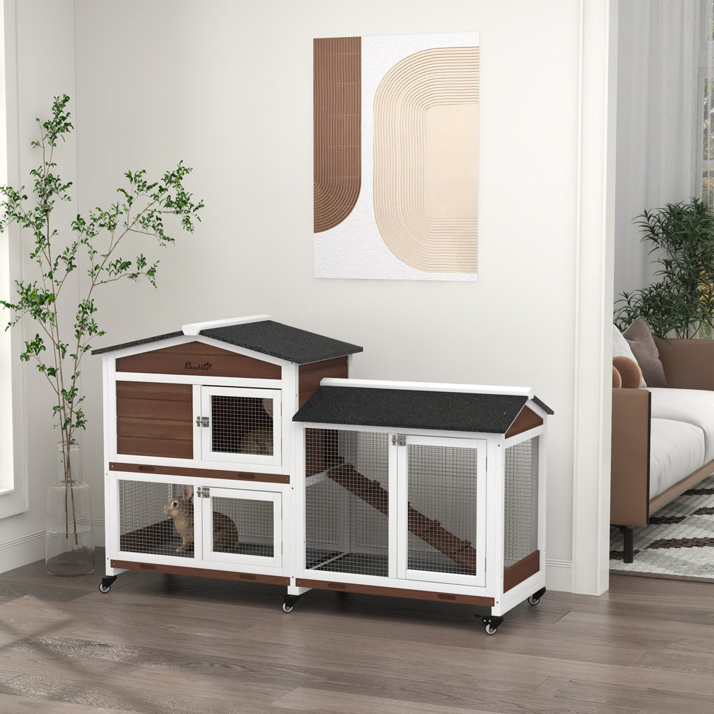 Wooden Two-Tier Pet Hutch with Wheels, Run - Brown