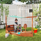 Sandkasten mit Sonnendach Piratenschiff, inkl. Kinderküchenspielset, Massivholz, 180 x 103 x 144,5 cm, Grün