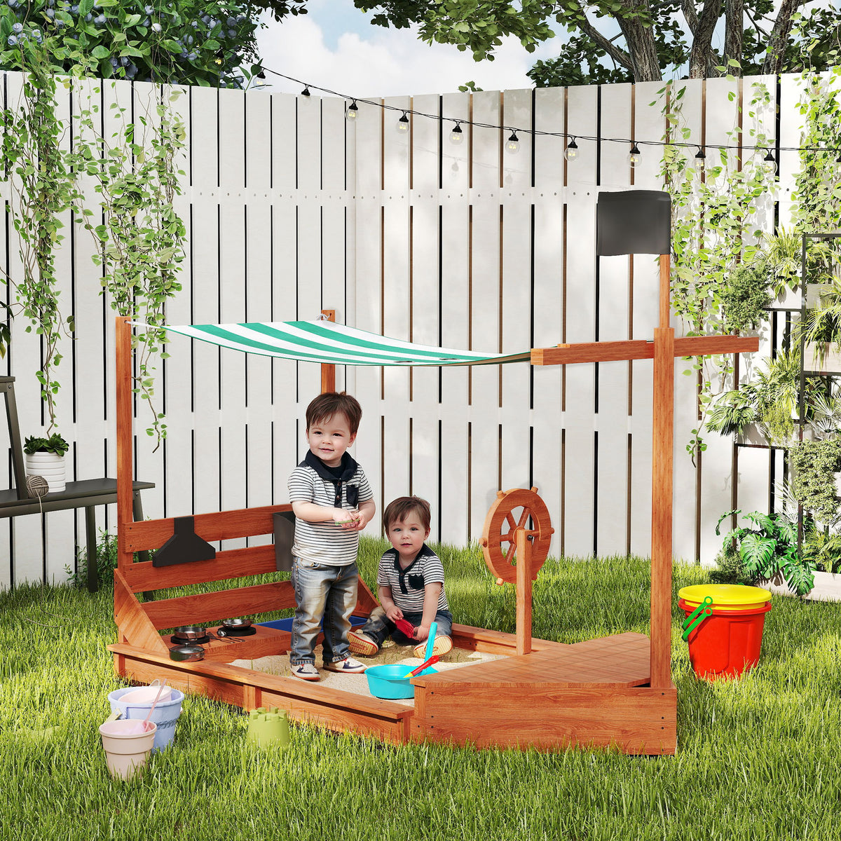 Sandkasten mit Sonnendach Piratenschiff, inkl. Kinderküchenspielset, Massivholz, 180 x 103 x 144,5 cm, Grün