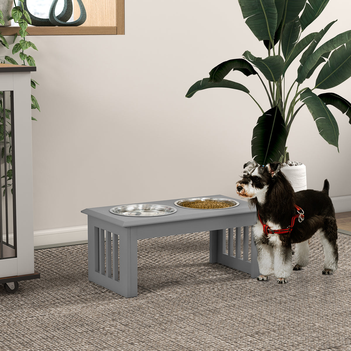 Raised Dog Feeding Bowls with Stand, Stainless Steel for Medium Dog, 58L x 31W x 25H cm - Grey