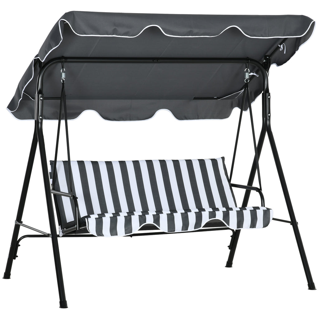 Three-Seater Garden Swing Chair, with Adjustable Canopy - Grey Stripe