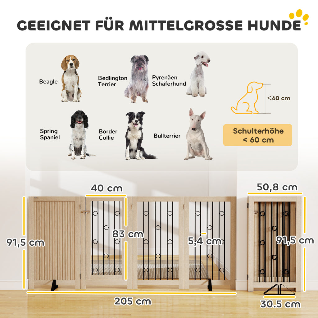 4 Panel Freestanding Pet Gate, Indoor Dog Barrier with Lockable Door, Support Feet, 360° Flexible Hinges, Oak