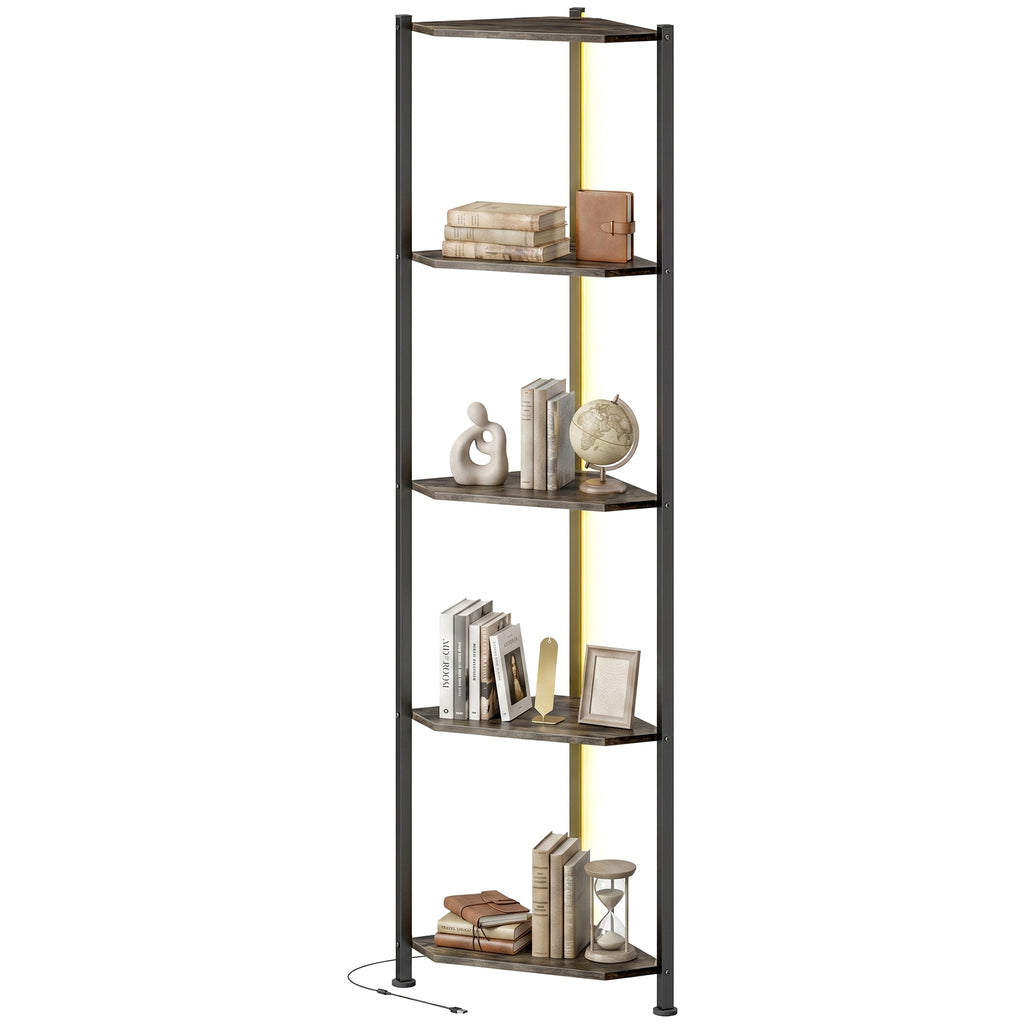 Bücherregal 5-stöckiges Eckregal mit LED-Beleuchtung für Wohnzimmer, Schlafzimmer, Büro, Rustikal Braun