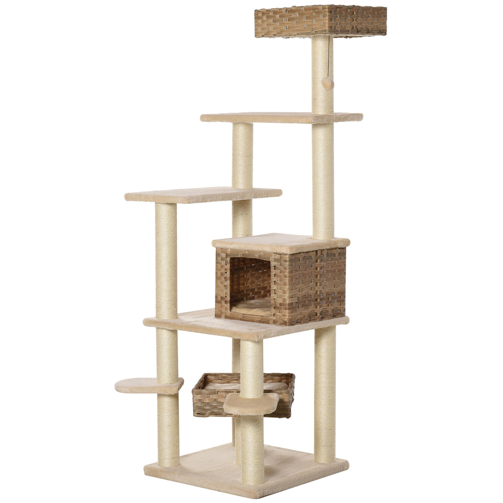 Rattan Kratzbaum mit Katzenhöhle Mehrstufiger Katzenbaum Kletterbaum für Katzen E1 MDF Sisal Beige+Braun 55 x 55 x 174 cm