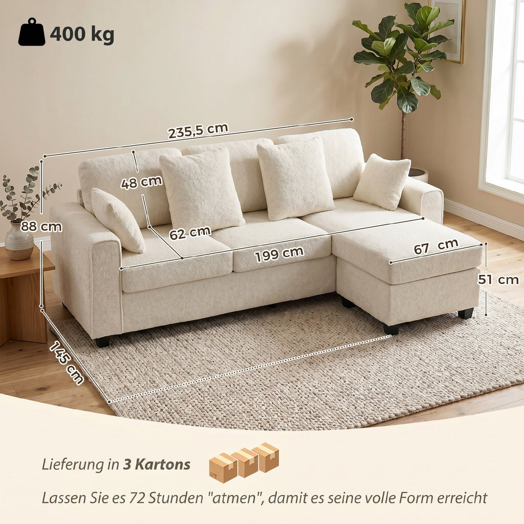 Ecksofa mit umkehrbarer Chaiselongue, 3-Sitzer Sofa mit Samtoptik, breite und tiefe Sitzfläche, Federkissen, Beige