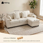 Ecksofa mit umkehrbarer Chaiselongue, 3-Sitzer Sofa mit Samtoptik, breite und tiefe Sitzfläche, Federkissen, Beige