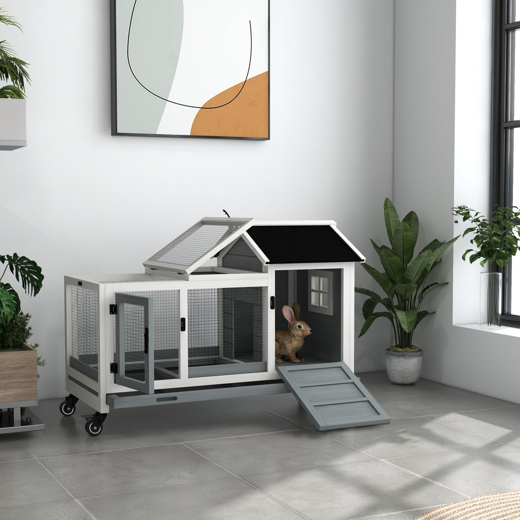 Wooden Rabbit Hutch, Guinea Pig Cage, with Removable Tray, Wheels - Grey