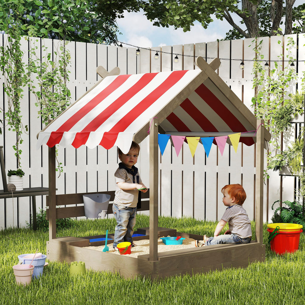 House-Designed Wooden Sandbox, Outdoor Sandpit, with Blackboard, Toys, Sink, Seats, Flags, for Ages 3-7 Years - Grey