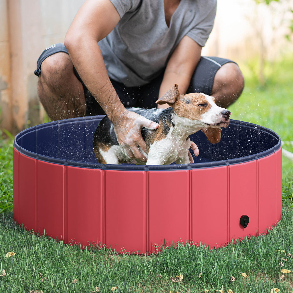  Dog Paddling Pool, Foldable Dog Pool, Leakproof & Hard Plastic, Portable Pet Bathtub with Non-Slip Base & Drainage Hole, for Indoors, Outdoors, Garden, Patio, 100 x 30 cm, Red