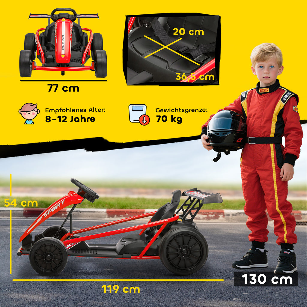 24V Elektro-Go-Kart zum Fahren und Driften, Nylon-Reifen, Sicherheitsgurt, Hupe, Musik f¨¹r 8-12 Jahre Rot