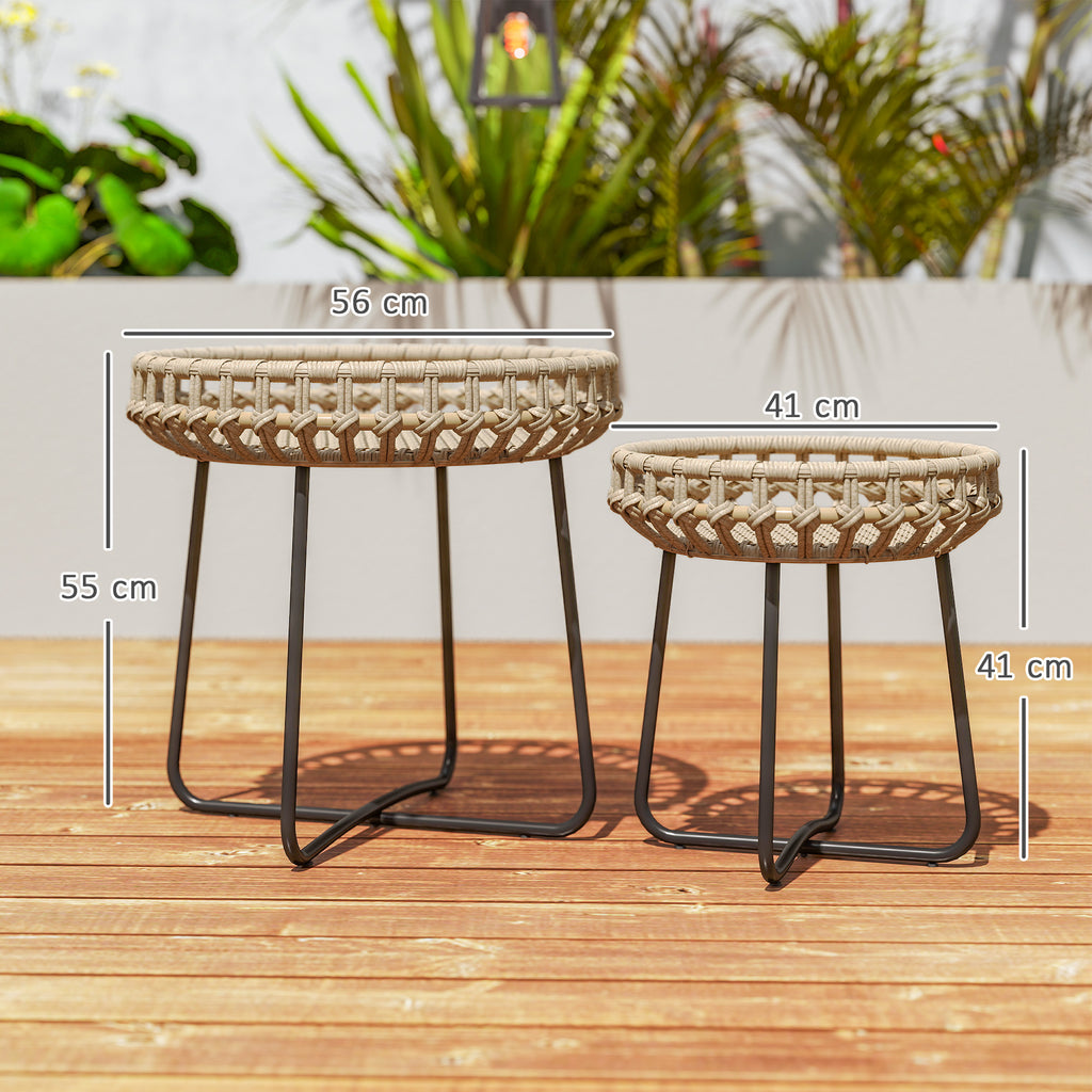 2er Set Beistelltisch Polyrattan ?60/41 cm rund wetterfest Gartentisch mit X-Beine Verstellbare Fu?pads Braun